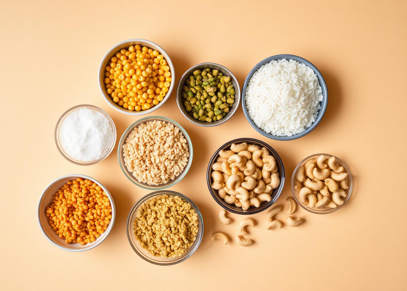 Bowls of Indian staples including chana dal, besan, rice, sugar and cashews