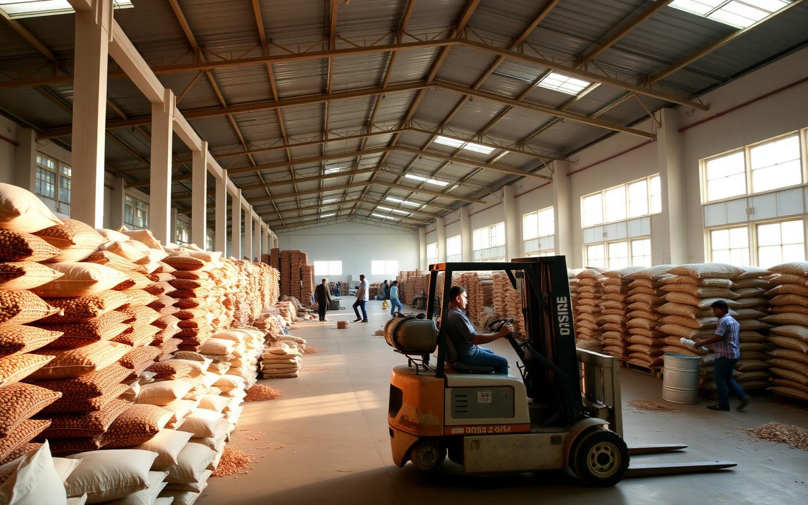 Mandee distribution warehouse stacked with sacks of pulses and grains